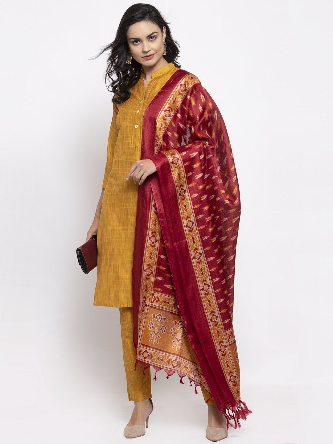 Women's Yellow Self Striped Kurta with Trousers & Art Silk Printed Dupatta - Jompers