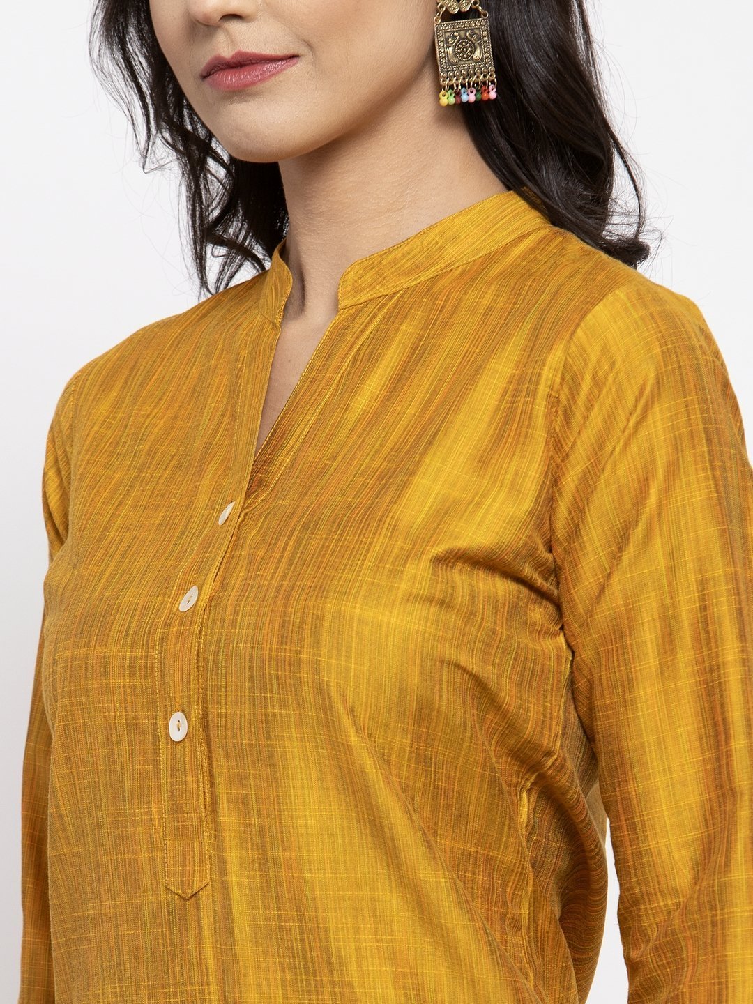 Women's Yellow Self Striped Kurta with Trousers & Art Silk Printed Dupatta - Jompers