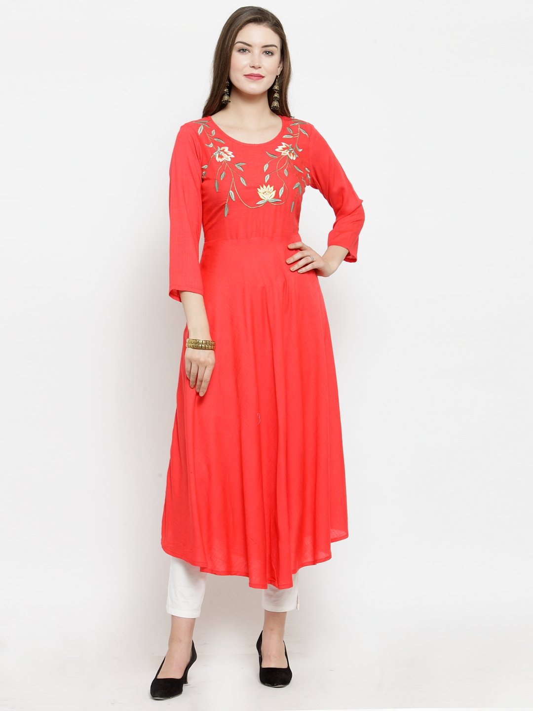 Women's Peach embroidered Flaired Kurta - Jompers