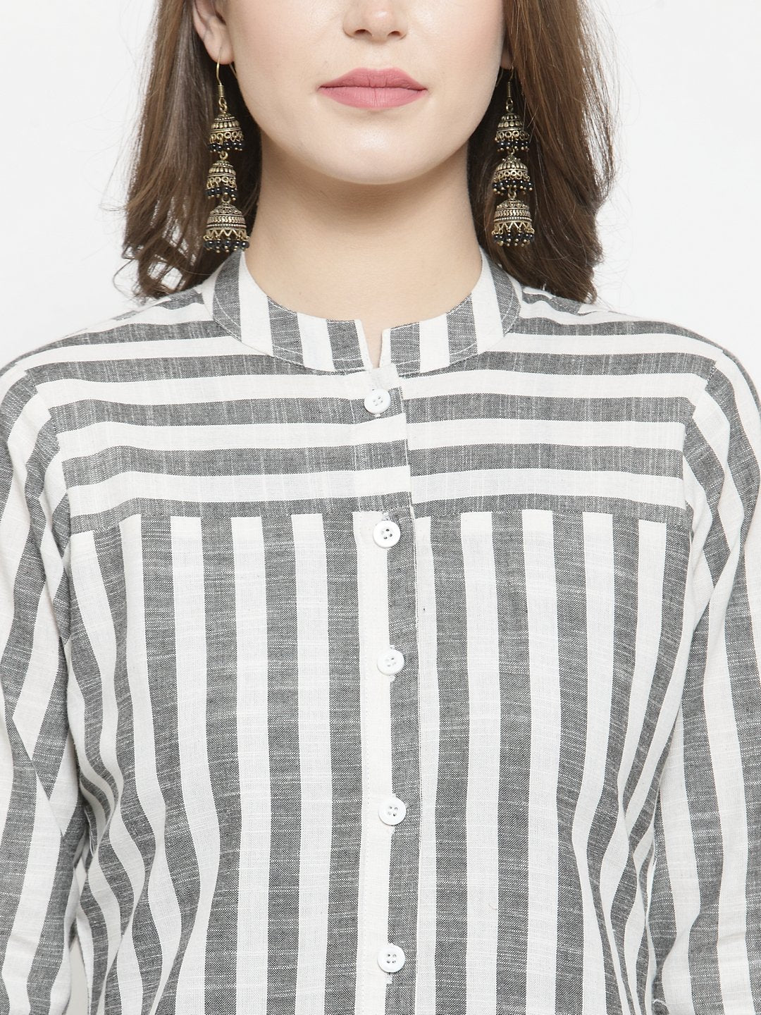 Women's Grey & Off White Striped Cotton Straight Kurta - Jompers