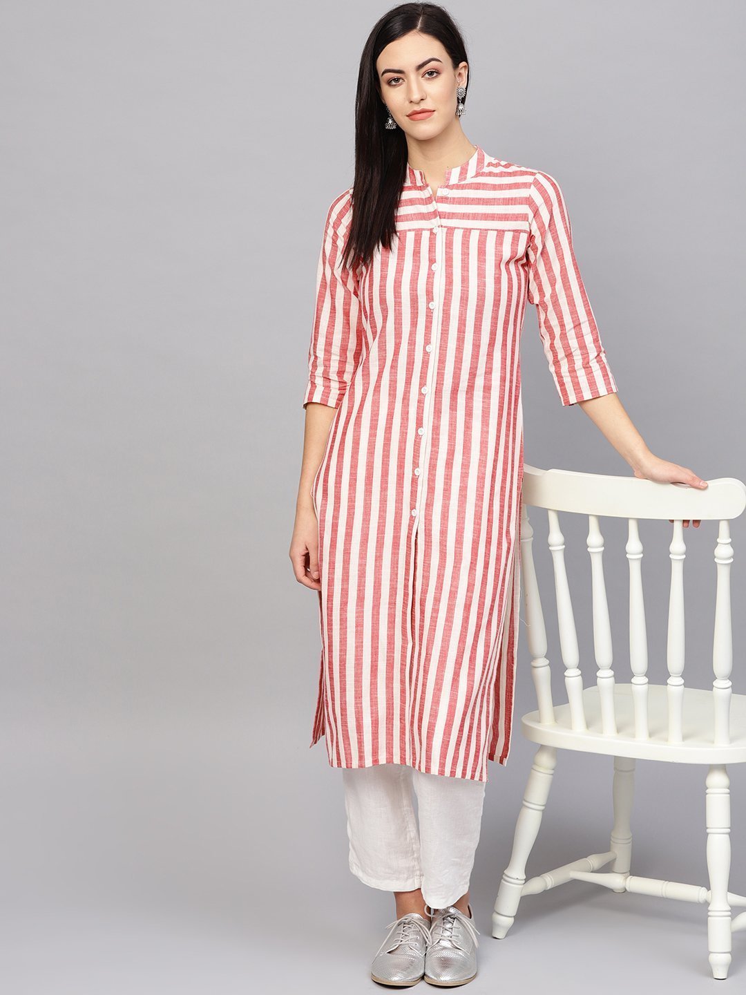 Women's Red & Off White Striped Cotton Straight Kurta - Jompers