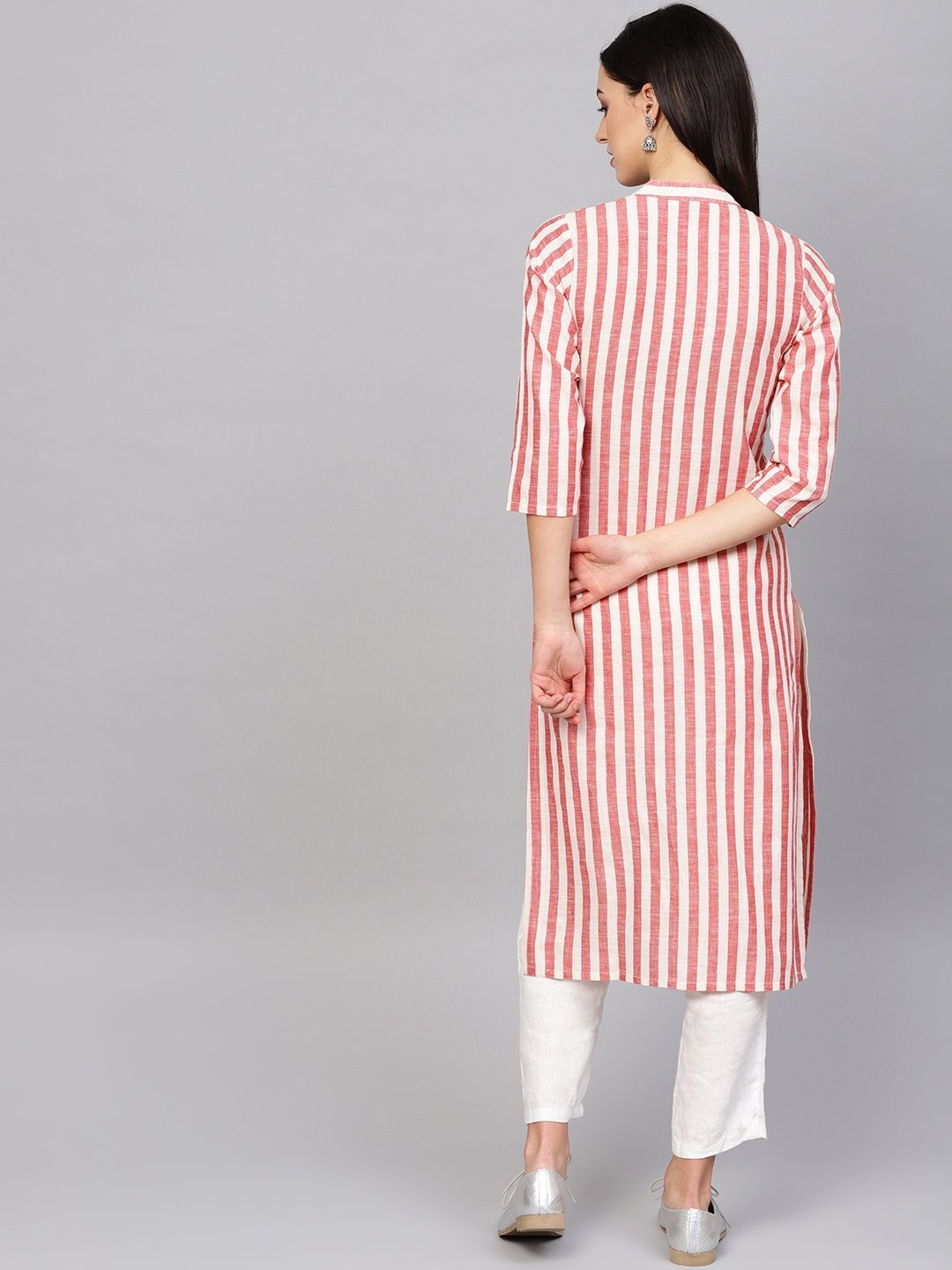 Women's Red & Off White Striped Cotton Straight Kurta - Jompers