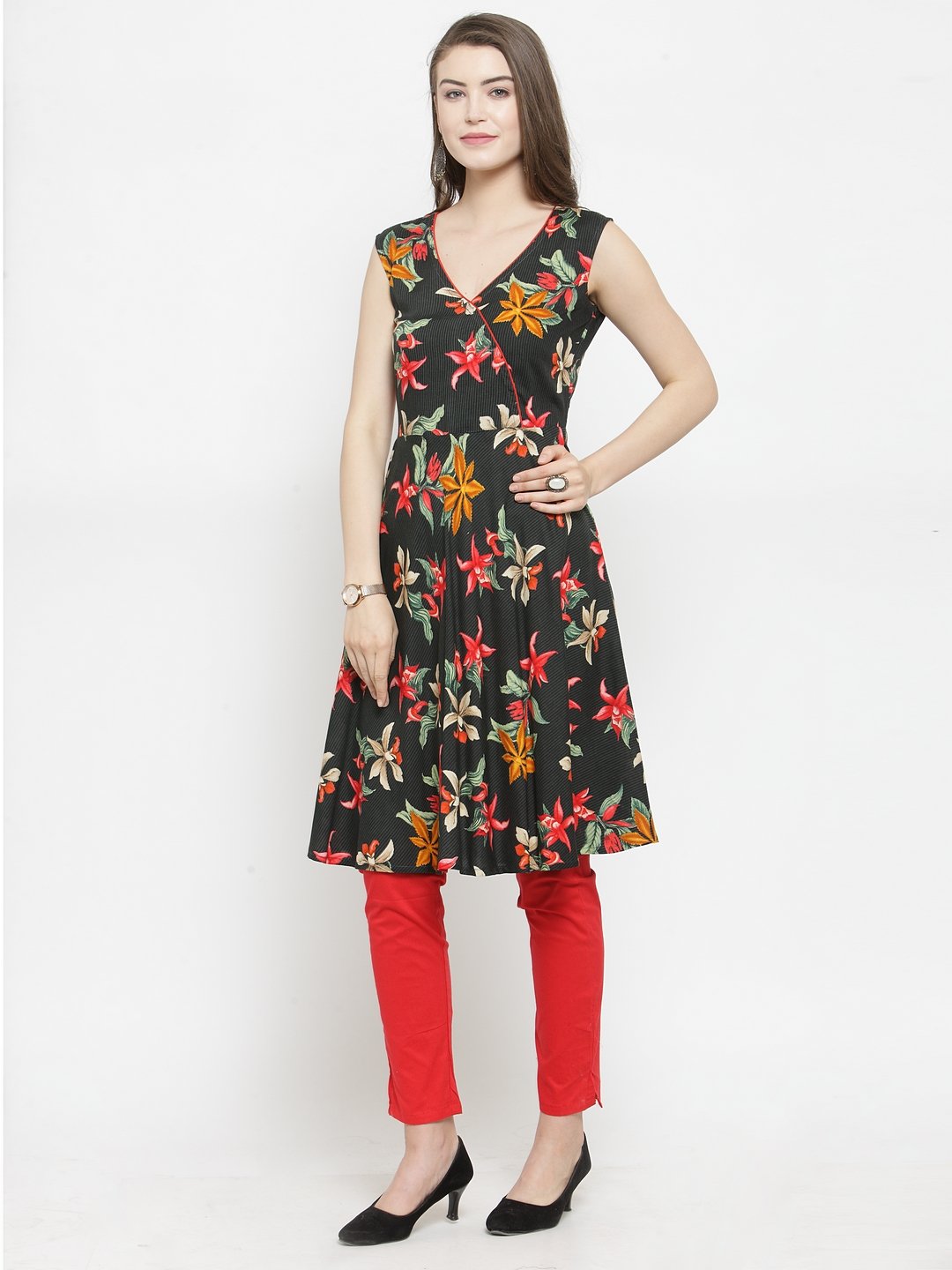 Women's Black & Red Floral Printed Rayon A Line Kurta - Jompers