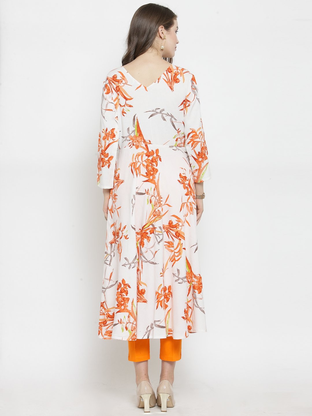Women's White & Orange Floral Printed Rayon Flared Kurta - Jompers