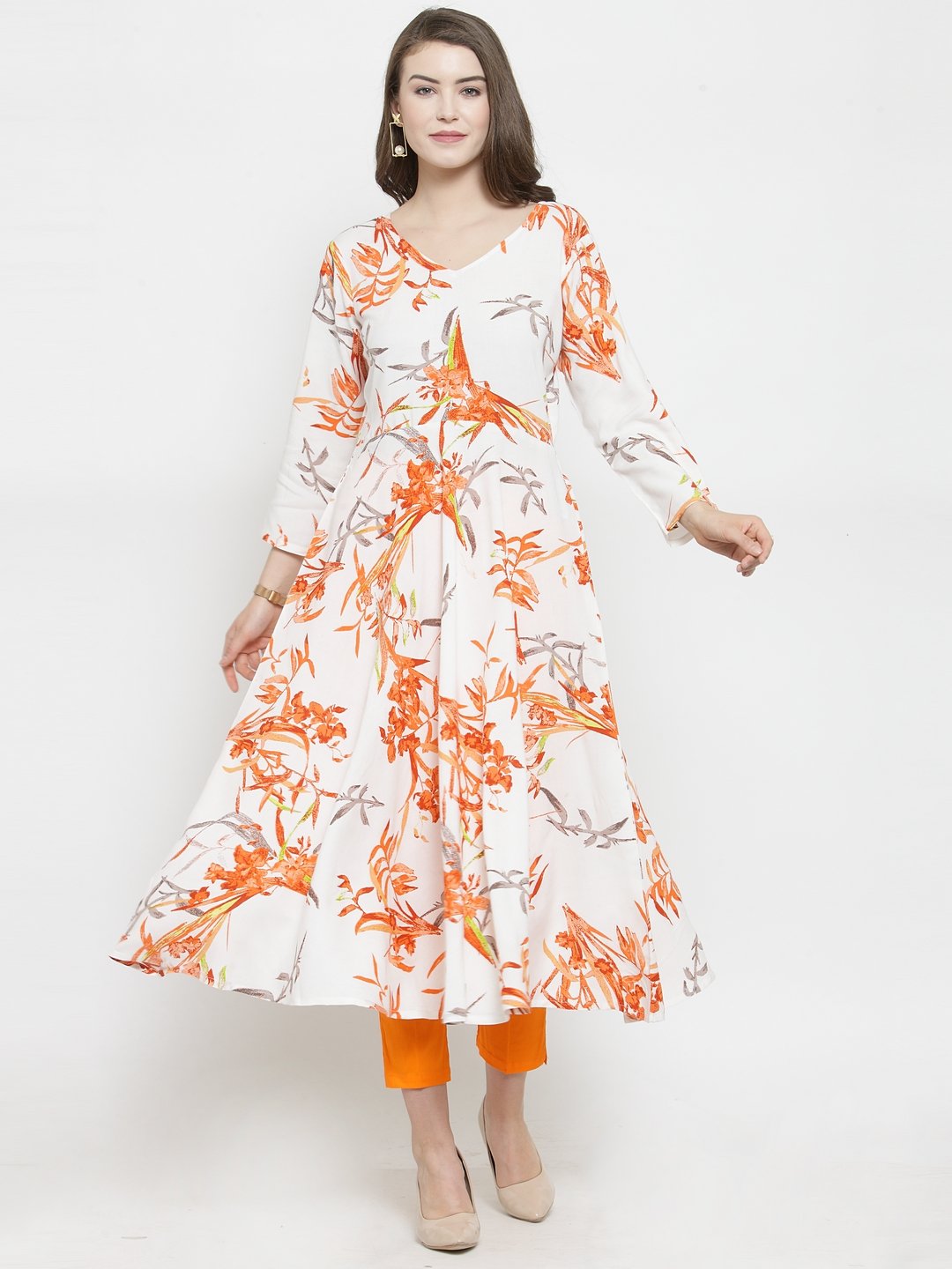 Women's White & Orange Floral Printed Rayon Flared Kurta - Jompers
