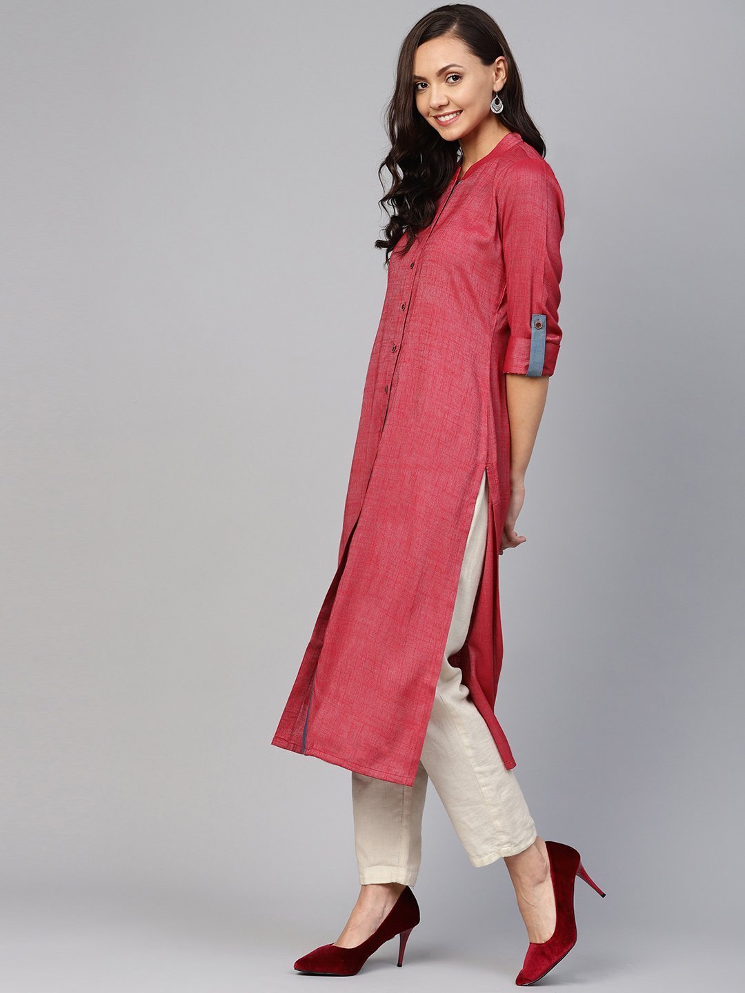 Women's Maroon Woven Design Straight Rayon Kurta with Trousers - Jompers