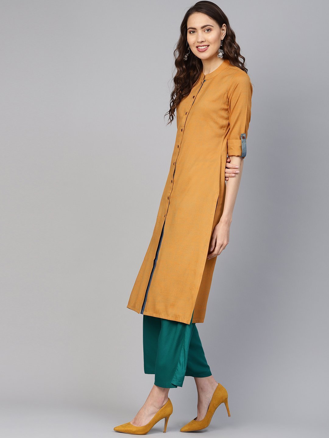 Women's Mustard Woven Design Straight Rayon Kurta - Jompers