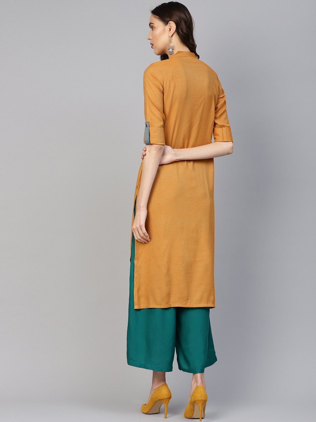 Women's Mustard Woven Design Straight Rayon Kurta - Jompers