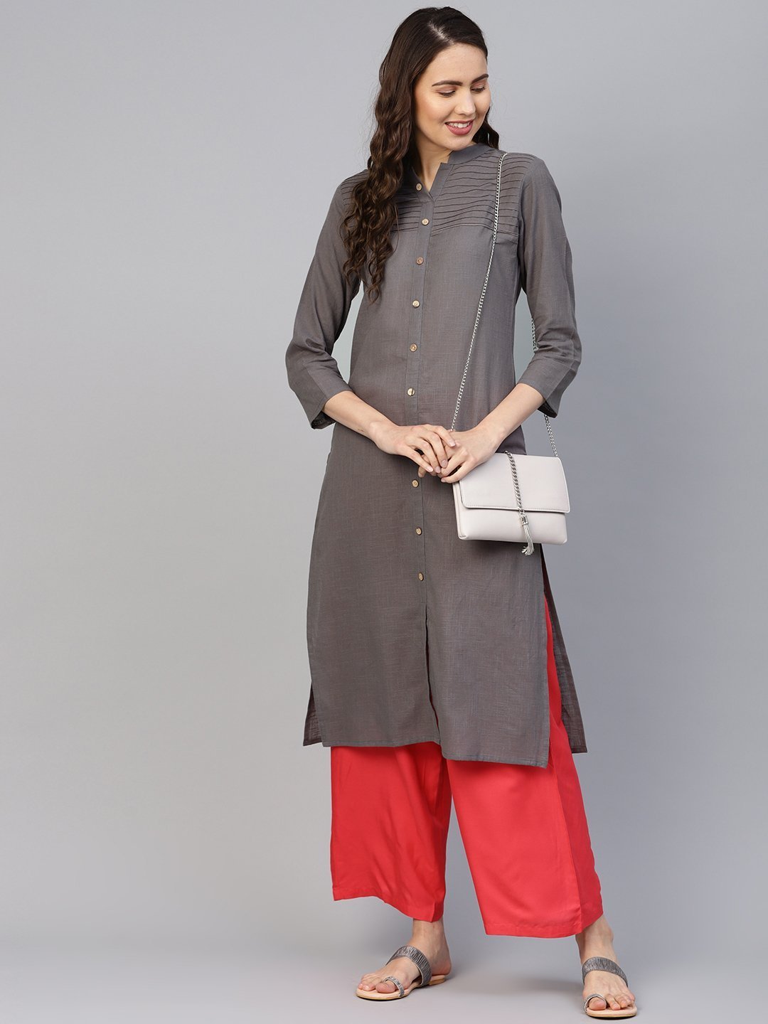 Women's Grey Cotton Straight Kurta with Pintucks - Jompers