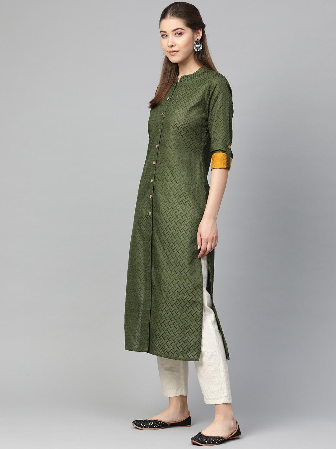 Women's Olive Green Woven Design Straight Kurta - Jompers