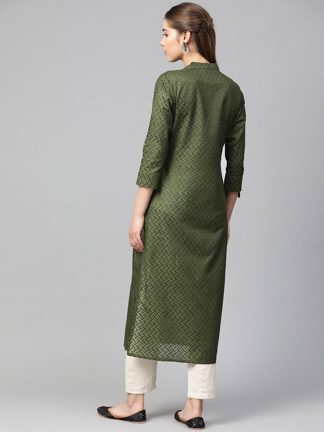 Women's Olive Green Woven Design Straight Kurta - Jompers