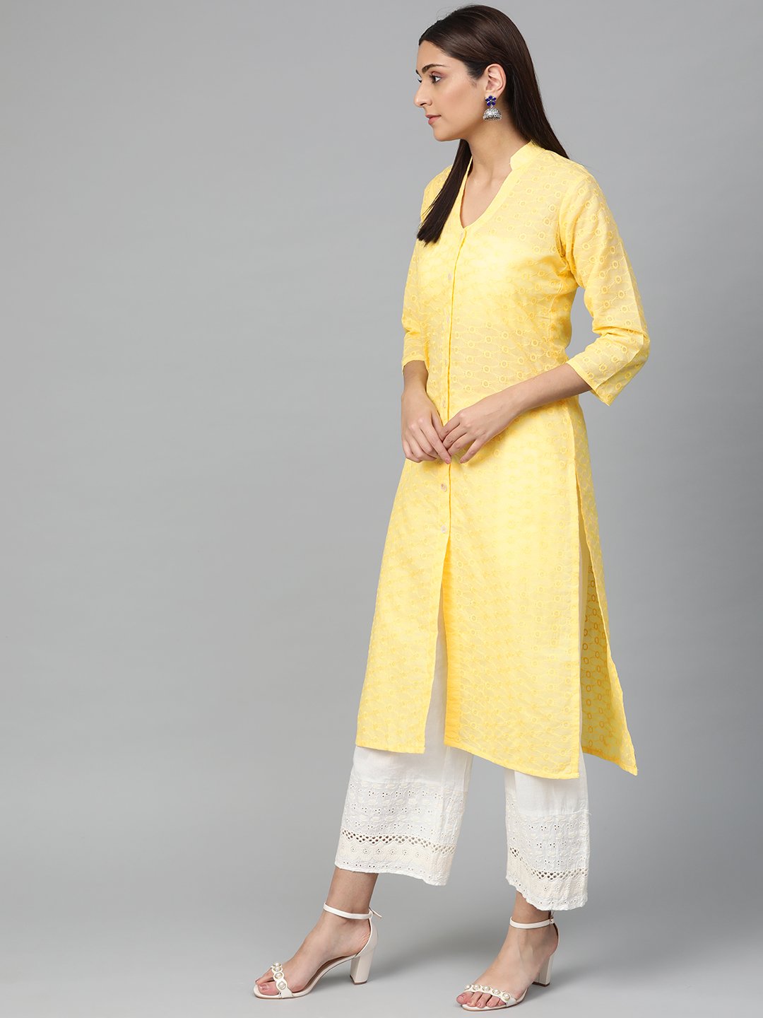 Women's Yellow Chikankari Embroidered Semi Sheer Straight Kurta - Jompers