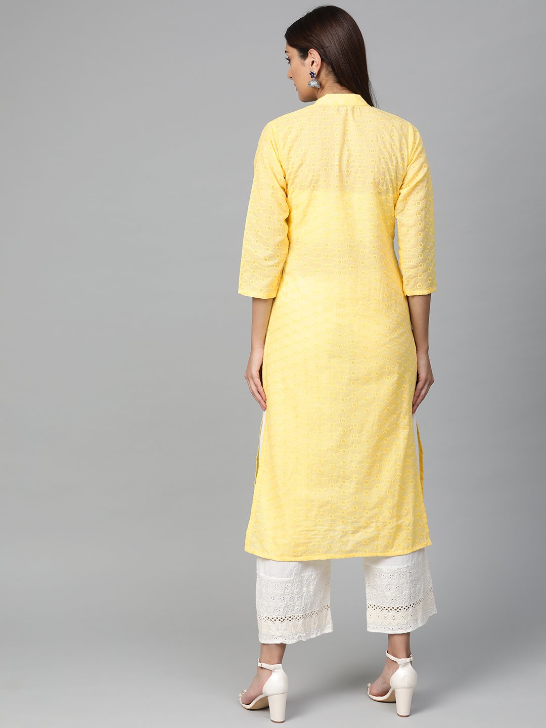 Women's Yellow Chikankari Embroidered Semi Sheer Straight Kurta - Jompers