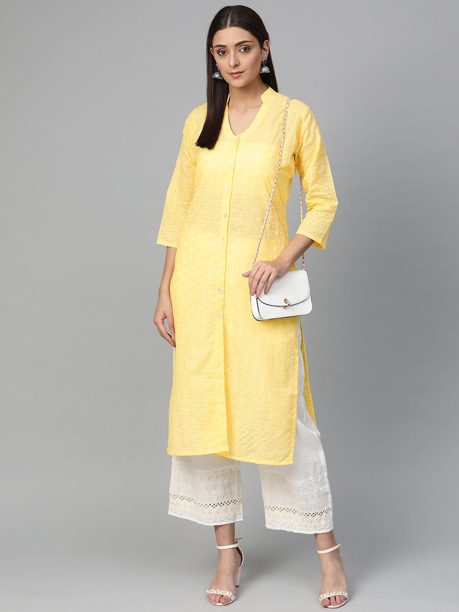 Buy Women's Yellow Chikankari Embroidered Semi Sheer Straight Kurta ...