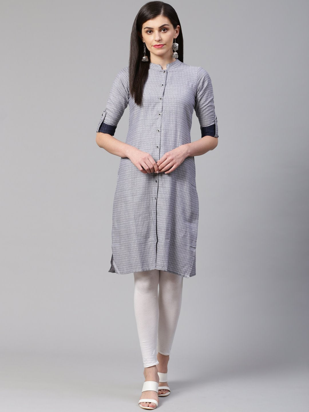 Women's Grey & Blue Jacquard Woven Design Straight Kurta - Jompers