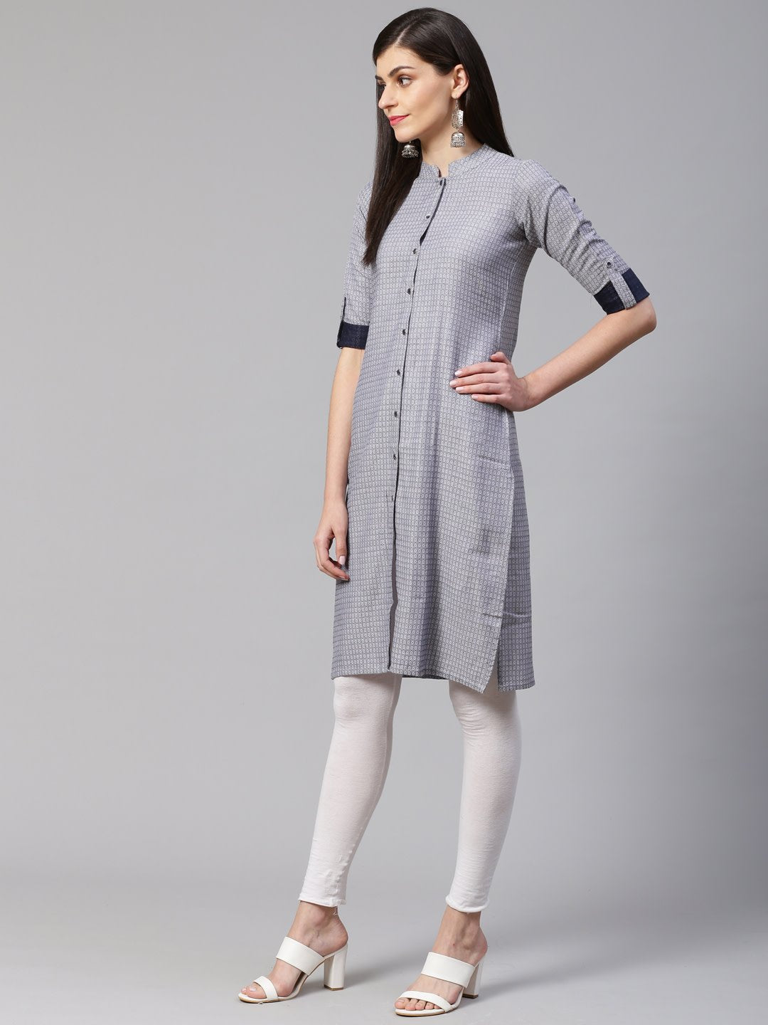 Women's Grey & Blue Jacquard Woven Design Straight Kurta - Jompers