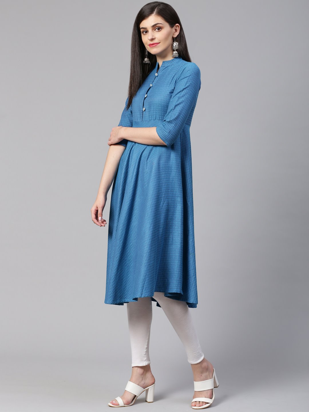 Women's Blue Woven Design Jacquard Weave A Line Kurta - Jompers