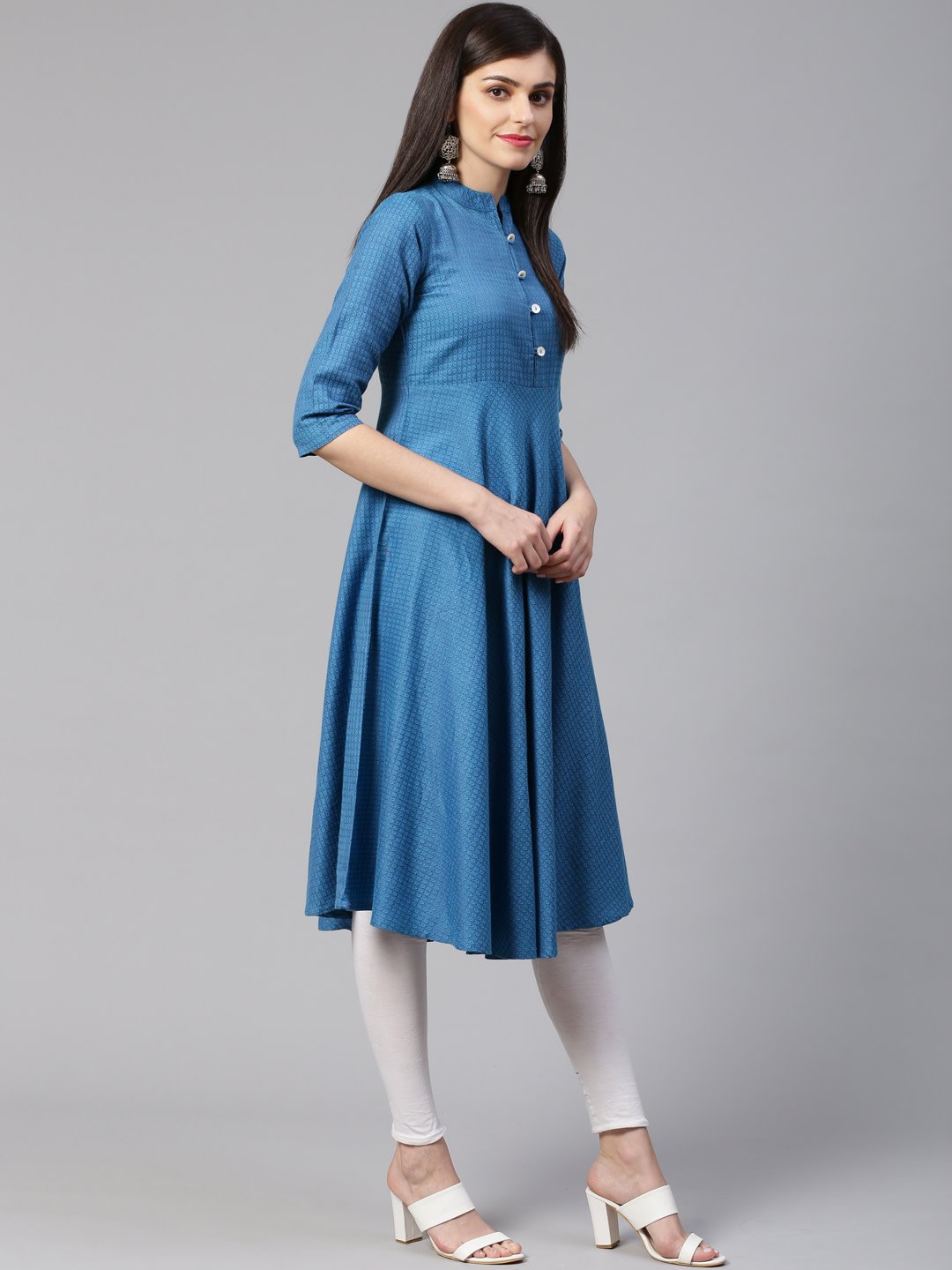 Women's Blue Woven Design Jacquard Weave A Line Kurta - Jompers