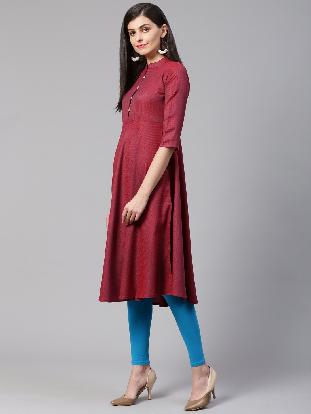 Women's Maroon Woven Design Jacquard Weave A Line Kurta - Jompers