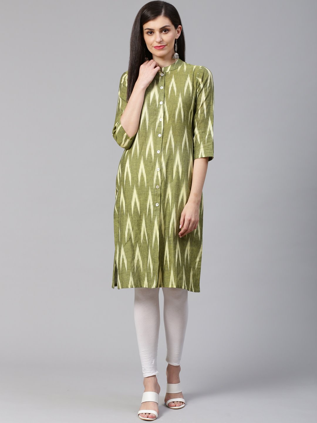 Women's Green & Cream Coloured Ikkat Woven Design Straight Kurta - Jompers