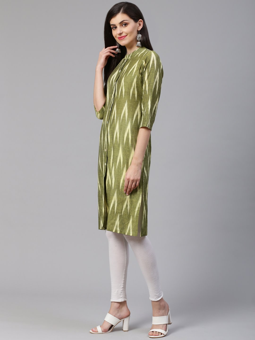 Women's Green & Cream Coloured Ikkat Woven Design Straight Kurta - Jompers
