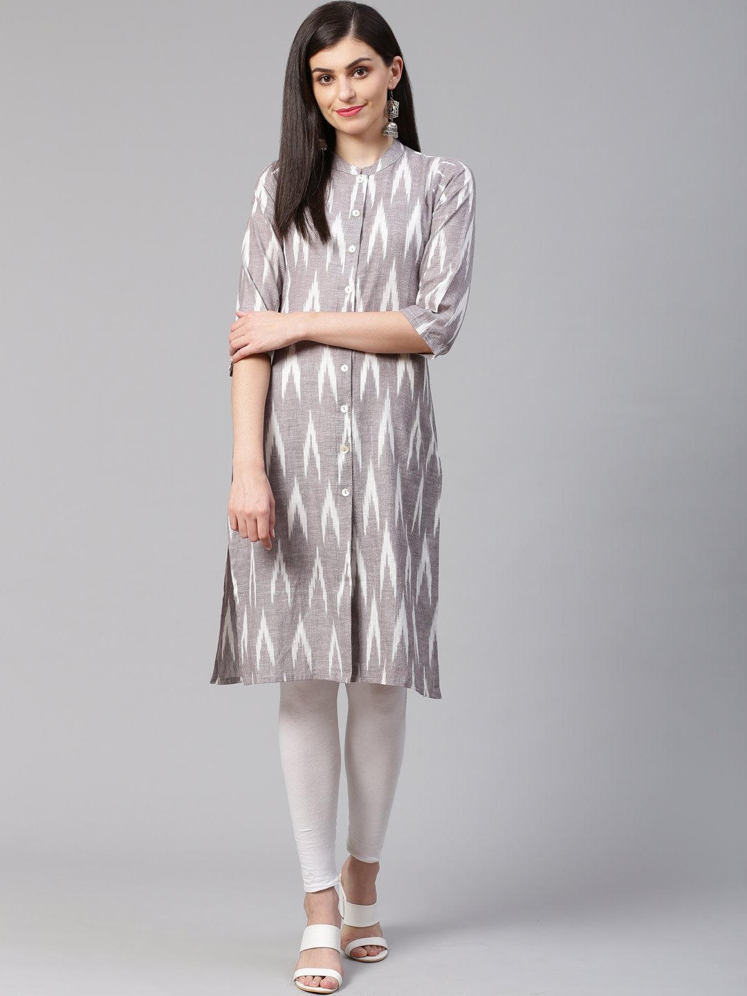 Women's Grey & Cream Coloured Ikkat Woven Design Straight Kurta - Jompers