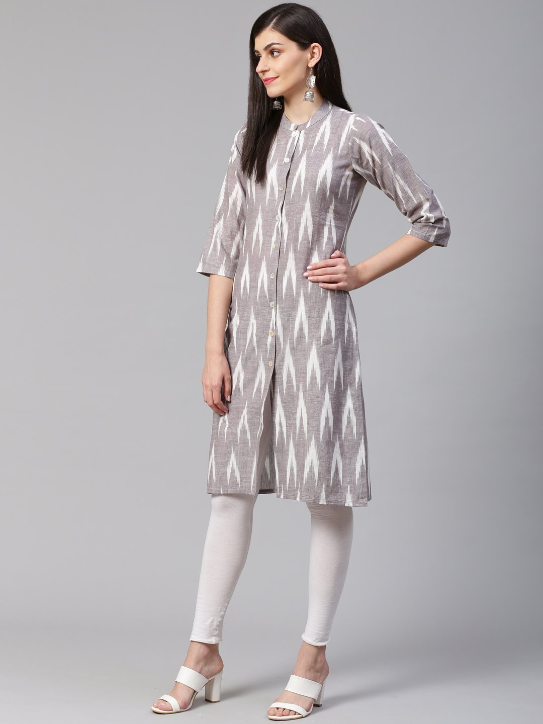 Women's Grey & Cream Coloured Ikkat Woven Design Straight Kurta - Jompers