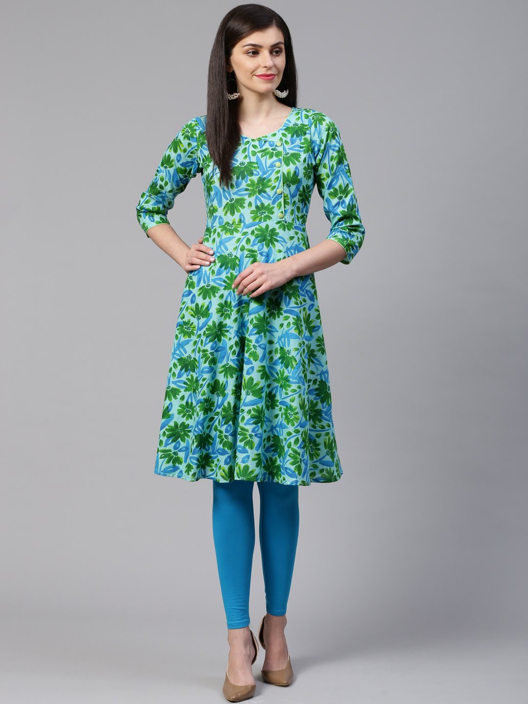 Women's Blue & Green Floral Print Angrakha A Line Kurta - Jompers