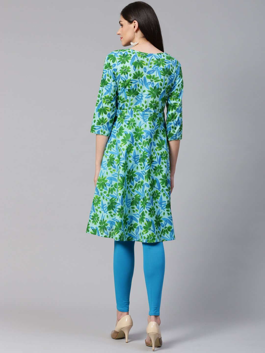 Women's Blue & Green Floral Print Angrakha A Line Kurta - Jompers