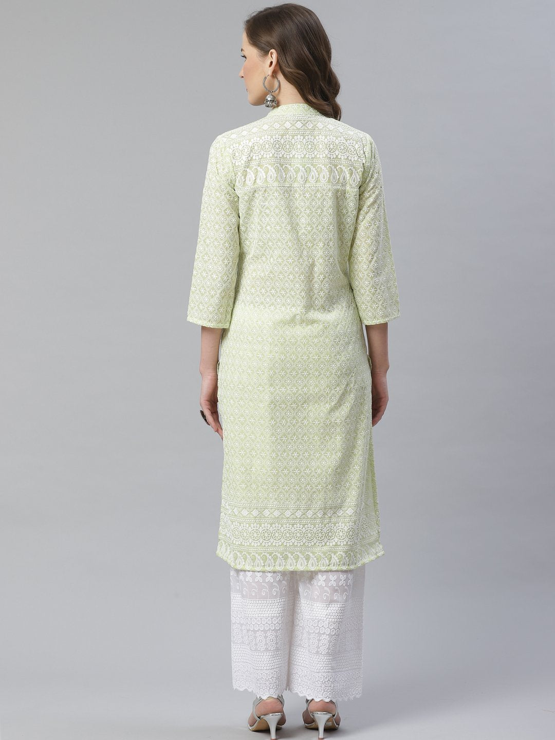 Women's Lime Green & White Chikankari Embroidered Kurta with Palazzos - Jompers