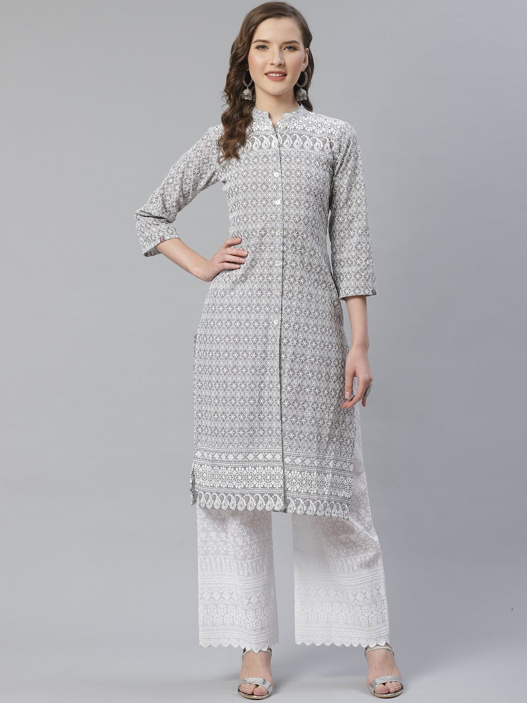 Women's Grey & White Chikankari Embroidered Kurta with Palazzos - Jompers