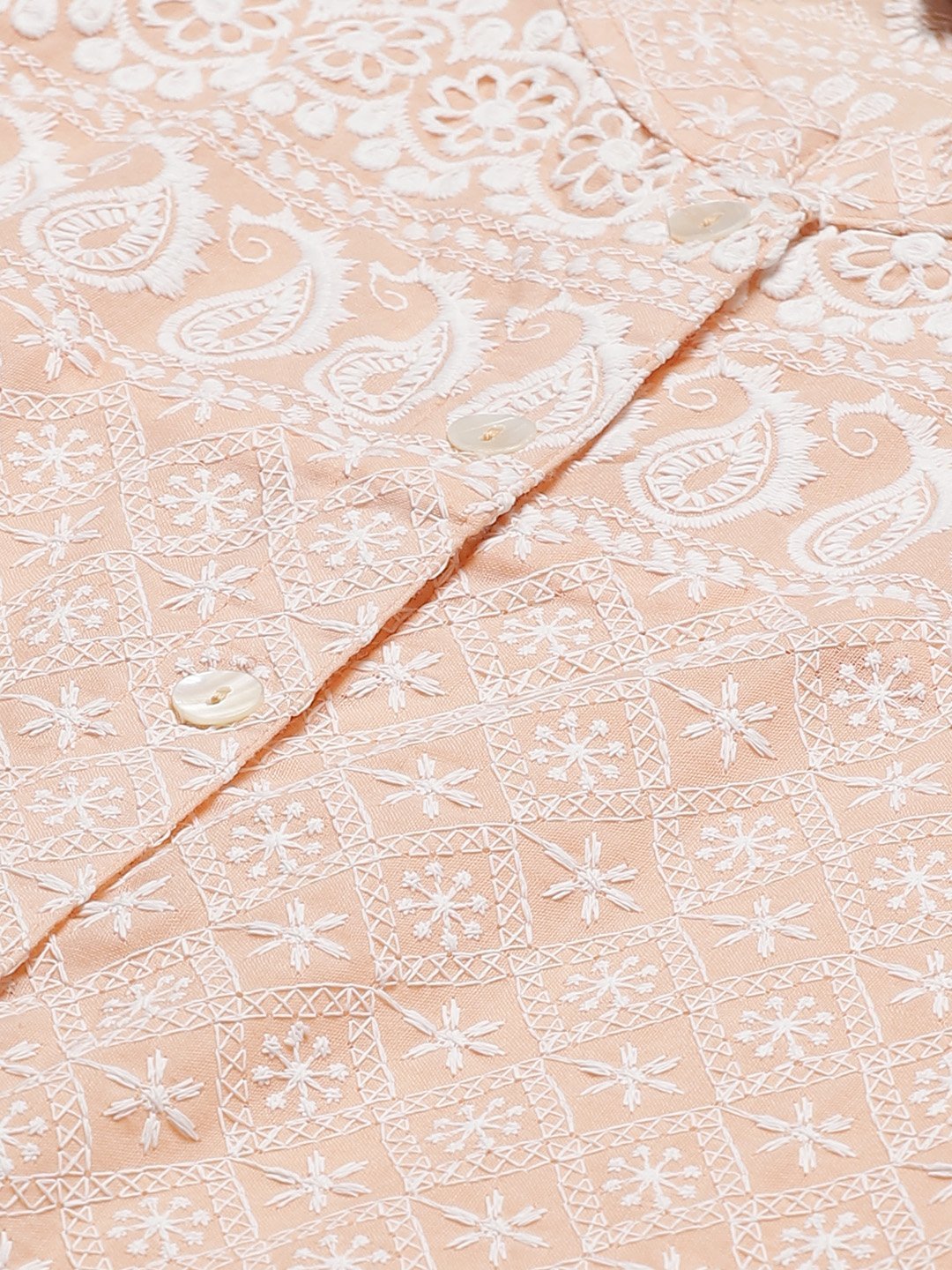 Women's Peach & White Chikankari Embroidered Kurta with Palazzos - Jompers