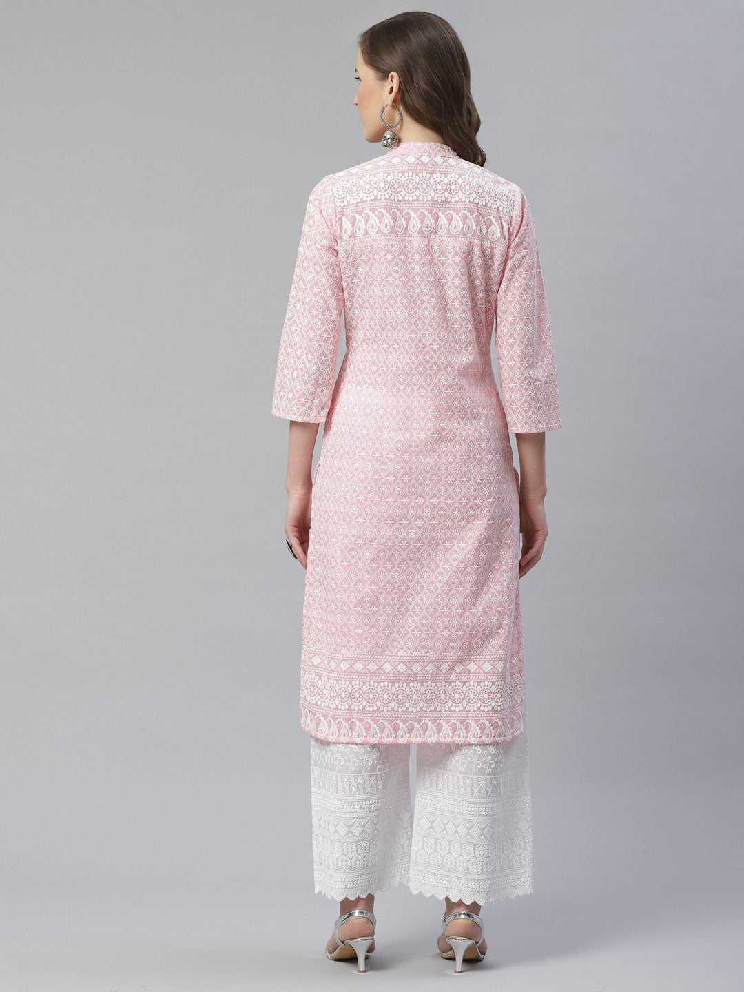 Women's Pink & White Chikankari Embroidered Kurta with Palazzos - Jompers