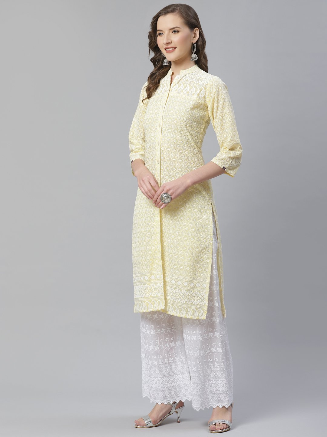 Women's Yellow & White Chikankari Embroidered Kurta with Palazzos - Jompers