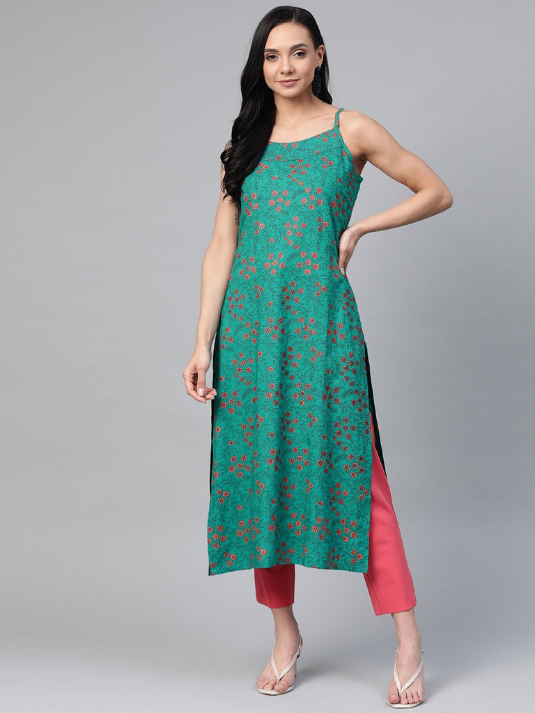 Women's Rama Green & Pink Printed Straight Kurta