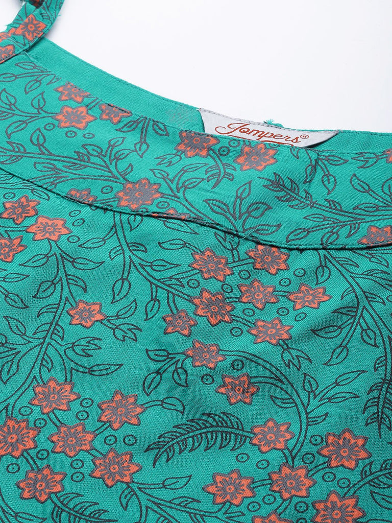Women's Rama Green & Pink Printed Straight Kurta
