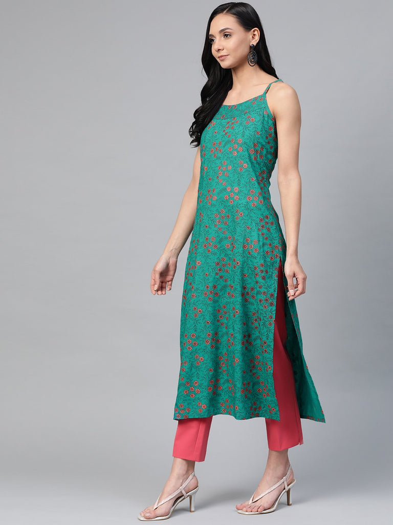 Women's Rama Green & Pink Printed Straight Kurta
