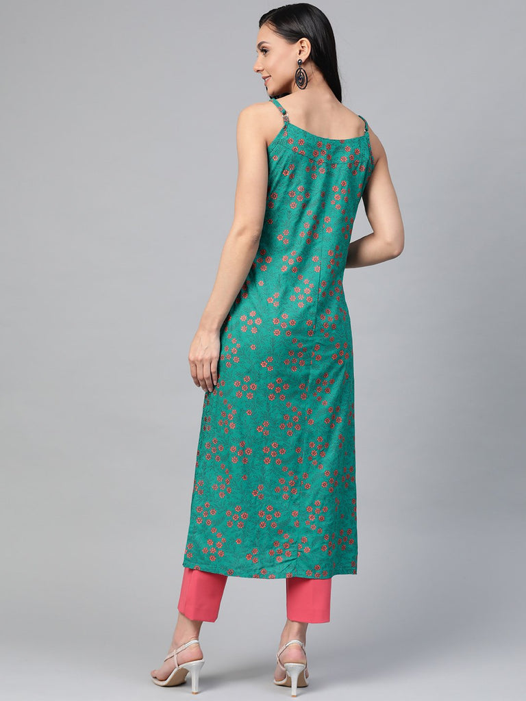 Women's Rama Green & Pink Printed Straight Kurta