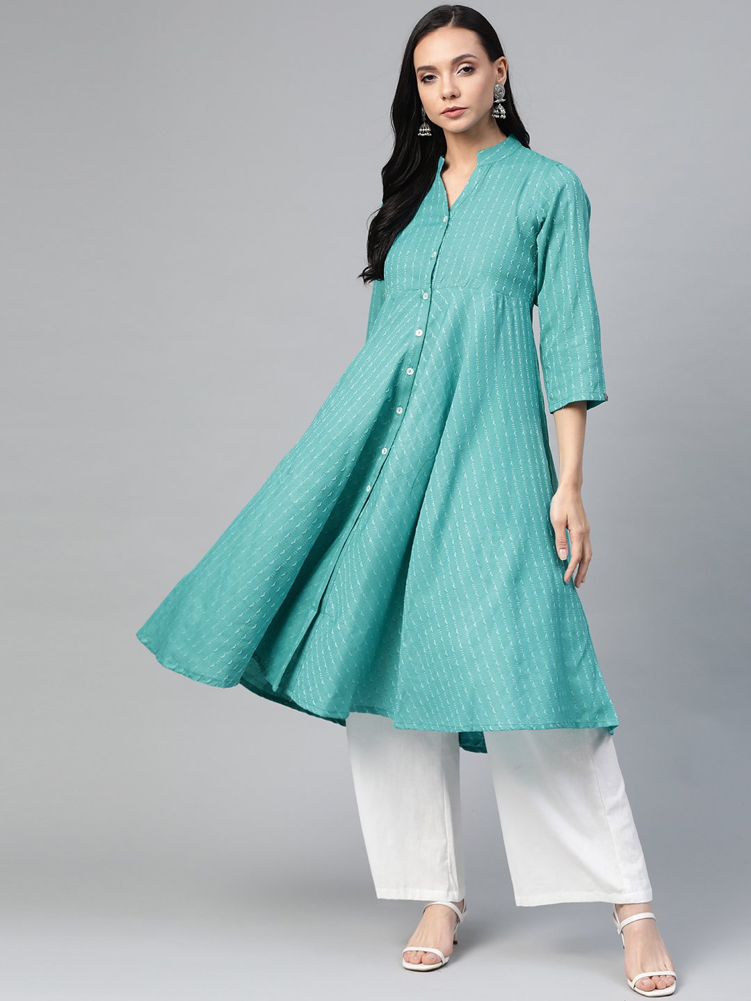 Women's Green & White Woven Design Jacquard A Line Kurta - Jompers