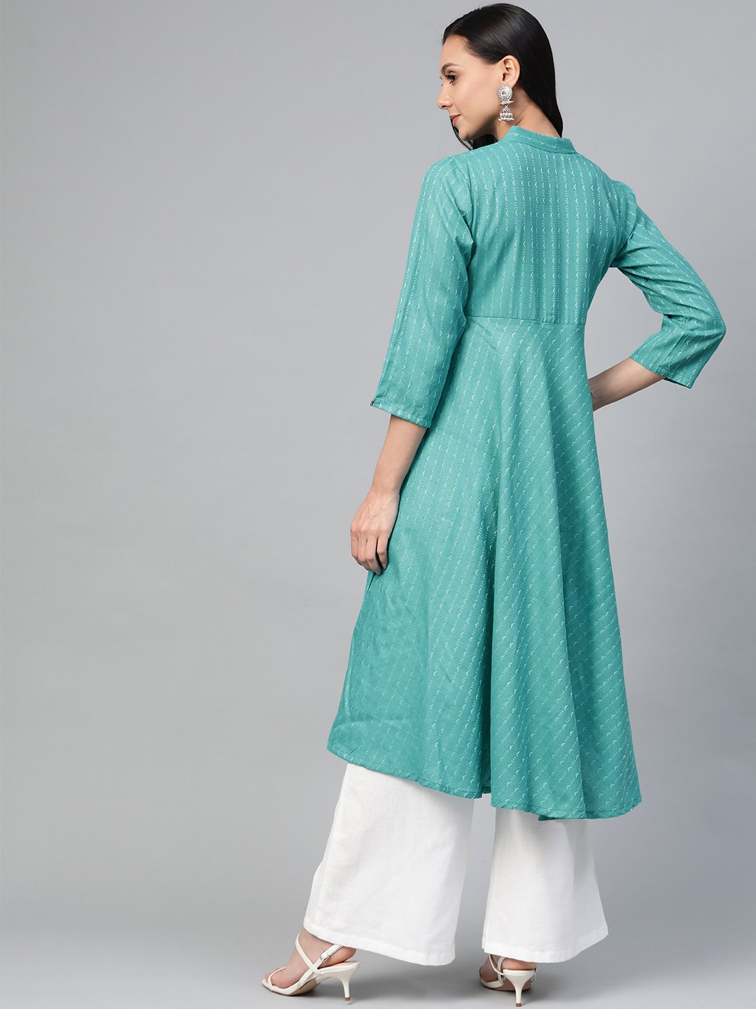 Women's Green & White Woven Design Jacquard A Line Kurta - Jompers
