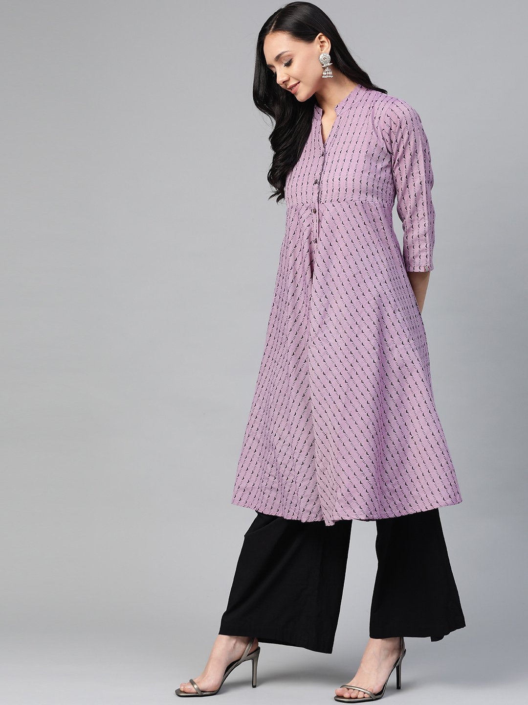 Women's Purple & Black Woven Design Jacquard A Line Kurta - Jompers