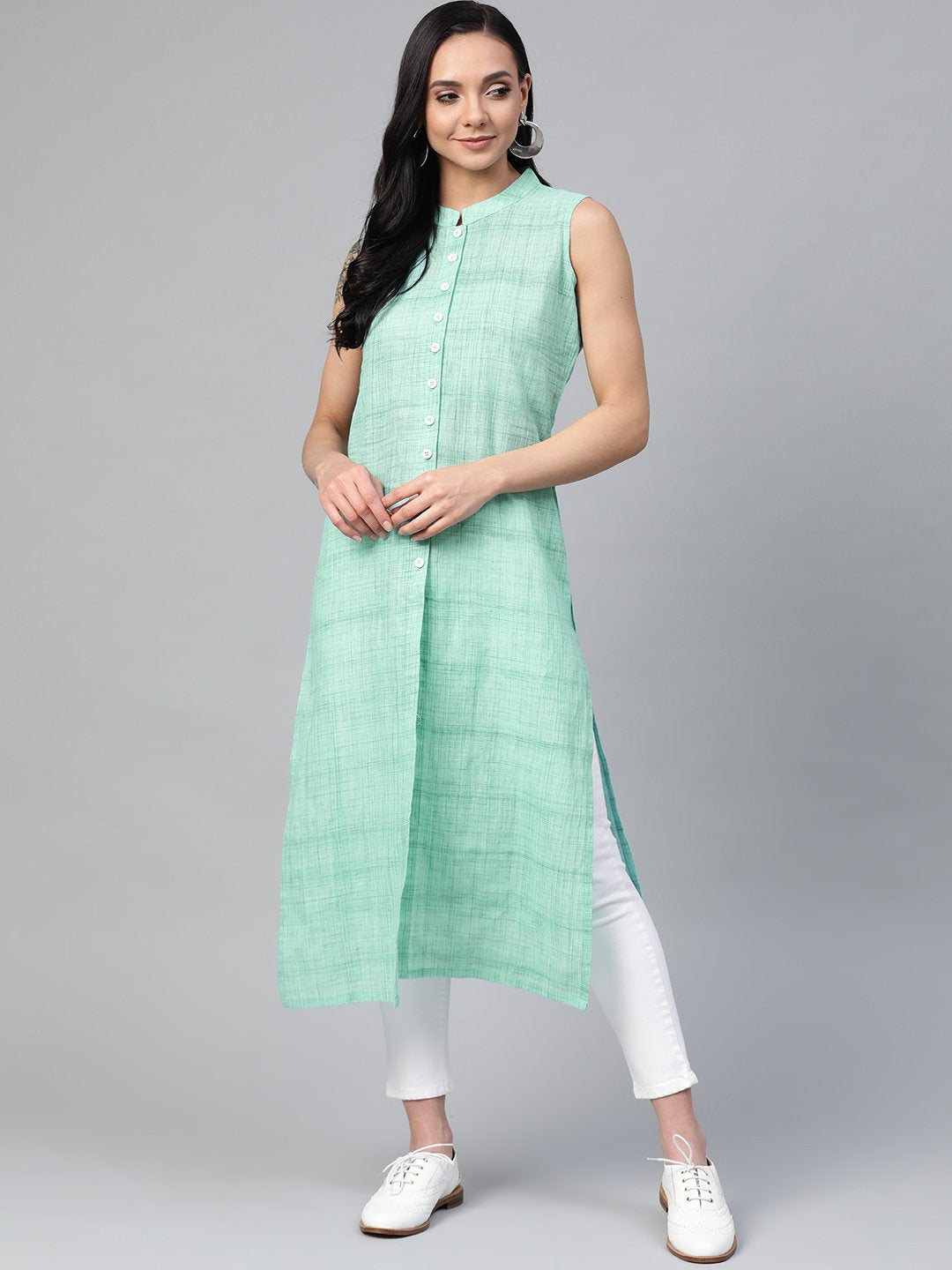 Women's Green Pure Cotton Woven Design Straight Kurta - Jompers