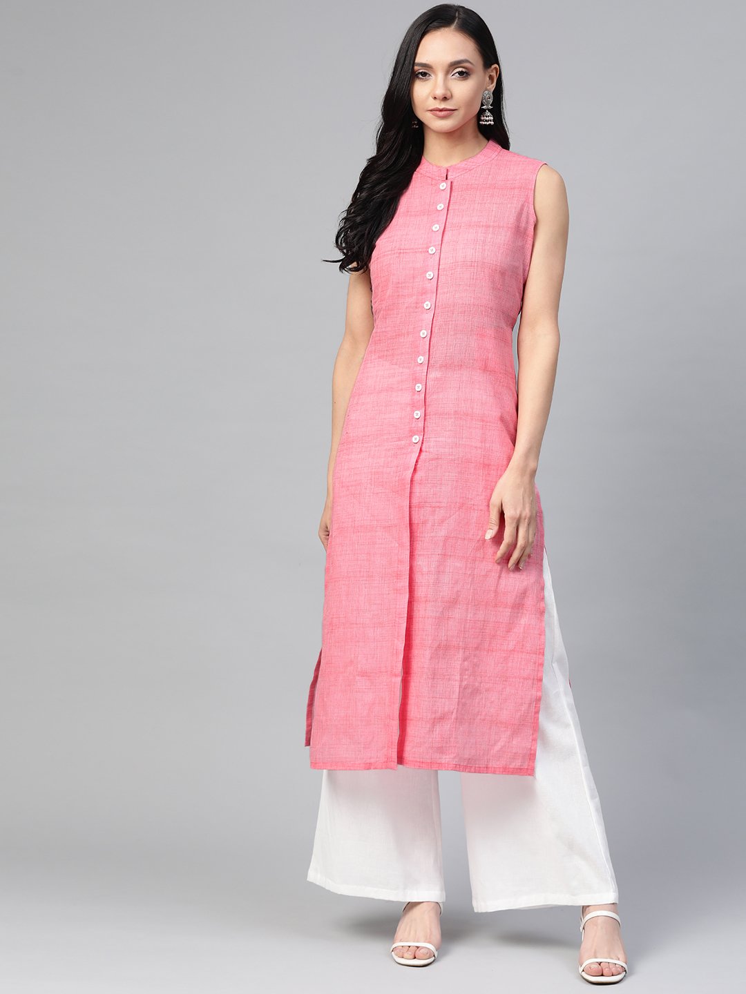 Women's Pink Pure Cotton Woven Design Straight Kurta - Jompers