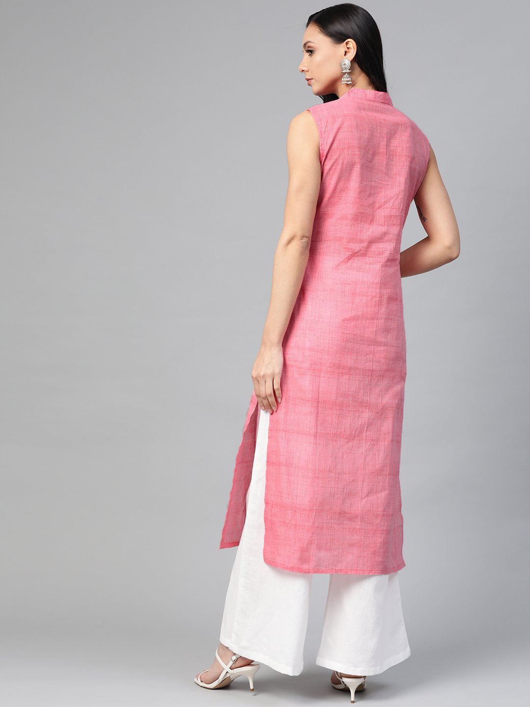 Women's Pink Pure Cotton Woven Design Straight Kurta - Jompers