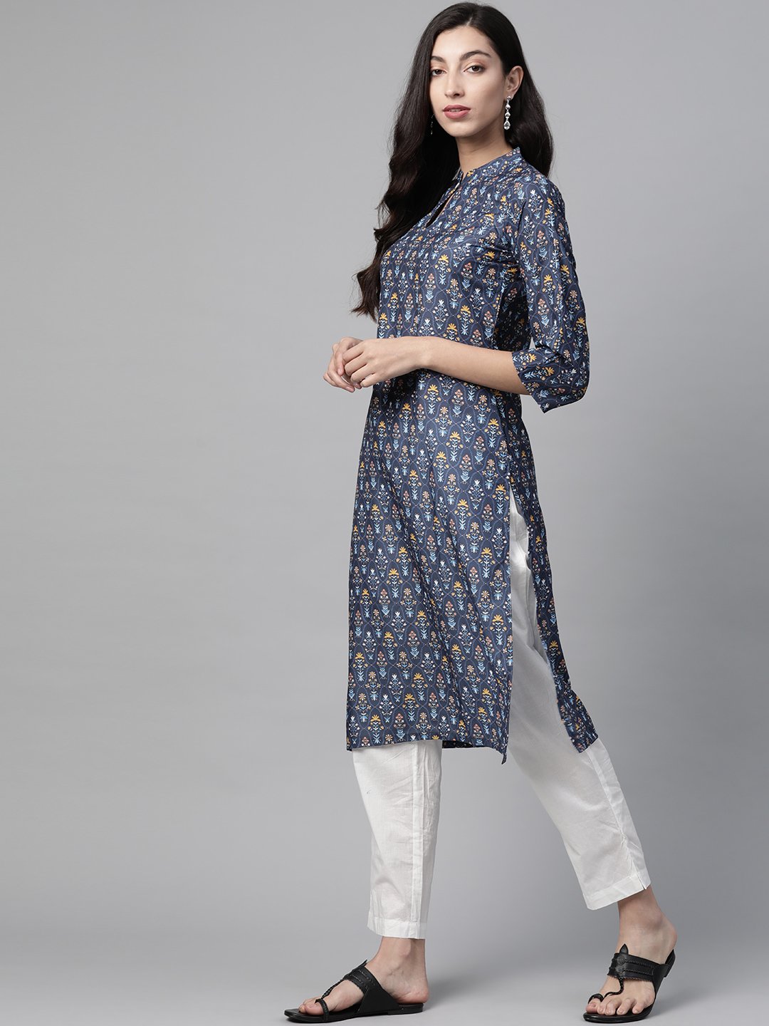 Women's Blue & Yellow Floral Printed Keyhole Neck Floral Kurta - Jompers
