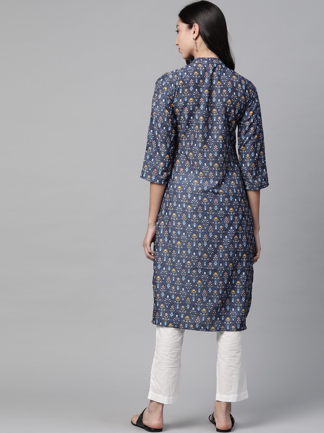 Women's Blue & Yellow Floral Printed Keyhole Neck Floral Kurta - Jompers