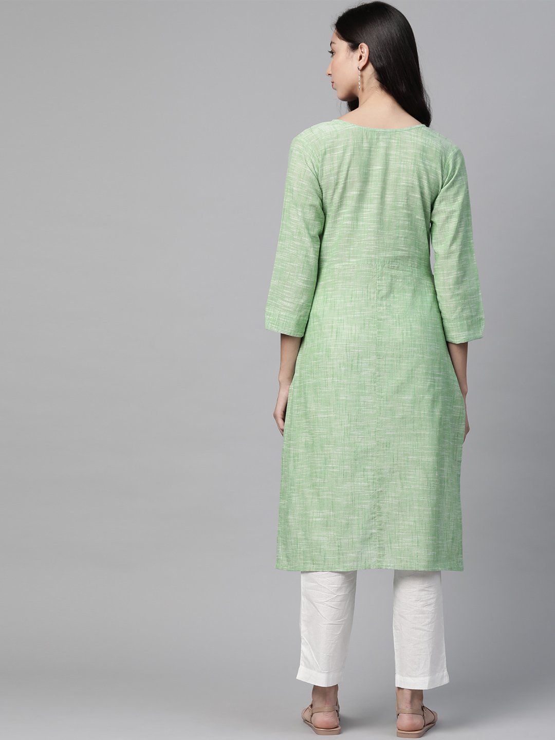 Women's Green Pure Cotton Striped Pleated Kurta - Jompers