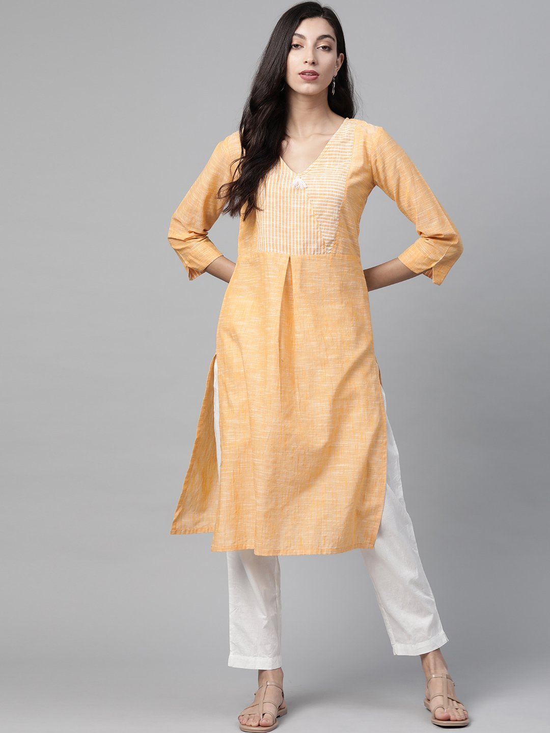 Women's Yellow Pure Cotton Striped Pleated Kurta - Jompers