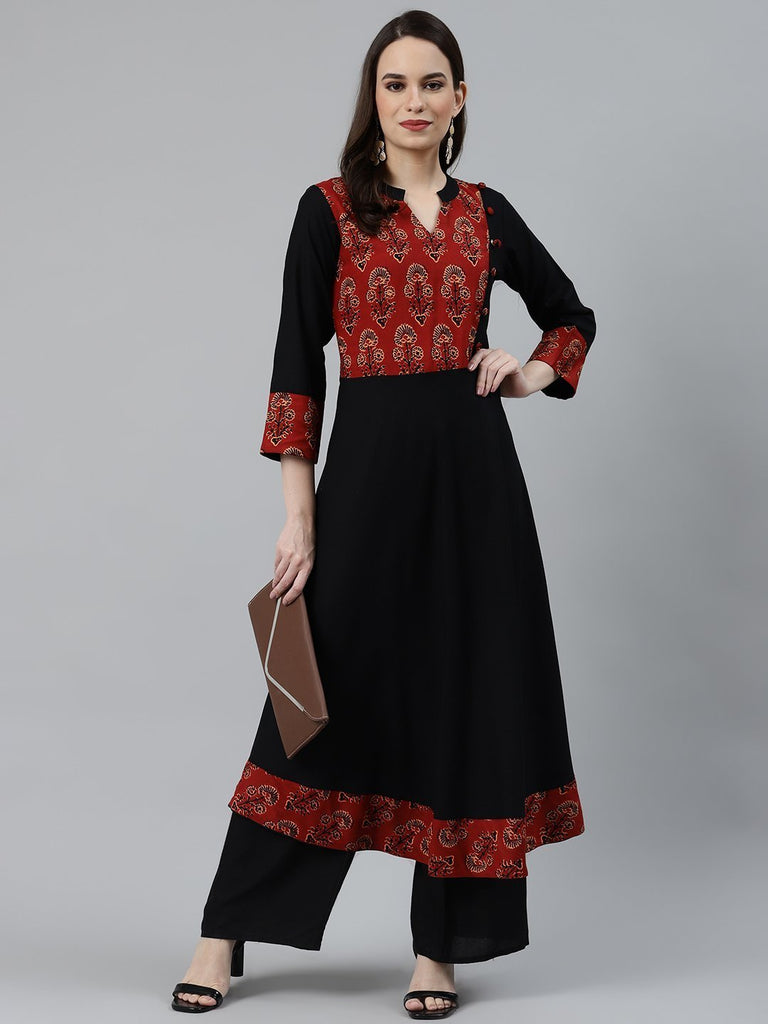 Women's Black & Red Printed Yoke Design Anarkali Kurta