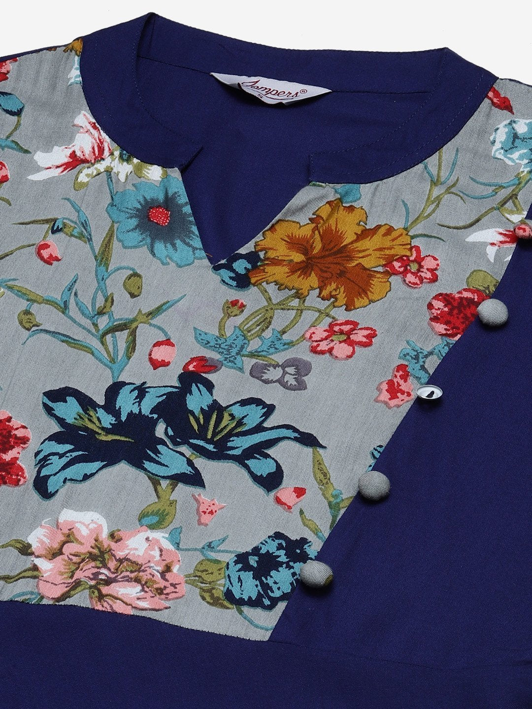 Women's Navy Blue & Grey Floral Printed Yoke Design Anarkali Kurta - Jompers